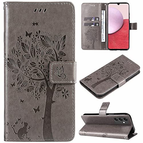 Hancda Coque pour Samsung Galaxy A14 5G/4G, Etui Housse Coque en Cuir avec Motif Porte Carte Portefeuille à Rabat Magnétique Support Flip Case Cover Antichoc Coque pour Samsung Galaxy A14 5G/4G,Gris