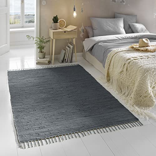 TacaHome Flicken-Teppich 100% Baumwolle I Waschbarer Fleckerl mit Fransen I Esszimmer Küche Badezimmer Wohnzimmer Kinderzimmer | 160 x 230 cm Anthrazit