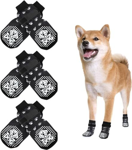Mfsdai 3 Paar Anti Rutsch Socken für Hunde Hundesocken Schuhe Hund Outdoor mit Klettverschlus,Hundeschuhe Pfotenschutz für Hartholzböden für Kleine Mittlere und Große Hunde (M)