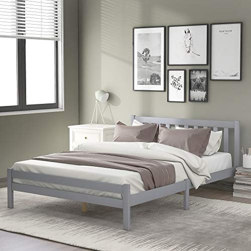 Wooden Bed Frame, Solid Wooden Bed Frame with Headboard and Bed Slats, Double Bed Frame Bedroom Furniture for Adults, Kids, Teenagers, No Mattress (Gray-B, 190x135cm)