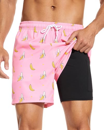 Aueyan Herren-Badehose, 14 cm, mit Kompressionsfutter, Reißverschlusstaschen, schnell trocknend, Badehose, lustige Strand-Boardshorts, Pink Banana, S