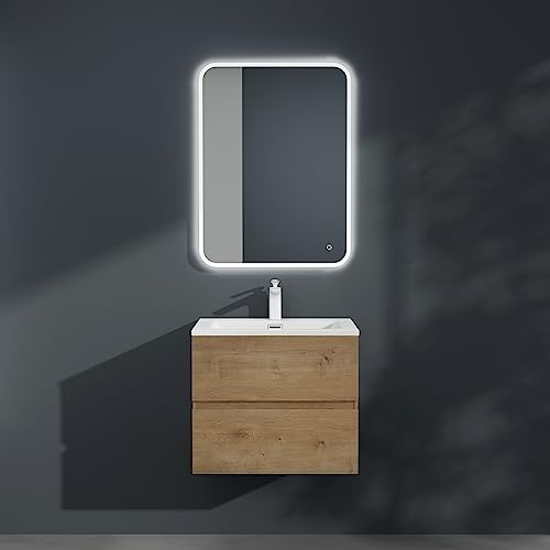 Mai & Mai Wall Hung Bathroom Vanity Unit with Basin and Soft Close Drawers | Floating Bathroom Furniture Set with Stone Resin Sink for Ensuite, Cloakroom and Family Bathroom, Oak, 60x48x50 cm, Aqualis