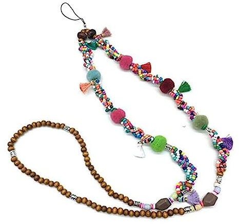 Yurosiay Universale Lang Perlen Handykette Damen Natürliche Holzperlen Handyanhänger Böhmische Handykette Mit Pompons Quaste Anti-Verlorene Telefon Kette Schlüsselband Bunt Handy Charm Kette