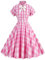 OBEEII Années 1950 Femmes Rose Robe à Carreaux Vintage Manches Courtes Robe de Cocktail Soirée Chic et Elegante Rose Plaid L