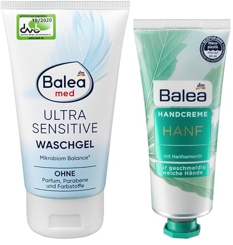Balea 2er-Set Hautpflege: Waschgel MED ULTRA SENSITIVE reinigt schonend ohne Parfum, Parabene, Farbstoffe & unterstützt Gleichgewicht der Haut (150 ml) + Handcreme HANF mit Hanfsamenöl (75 ml), 225 ml