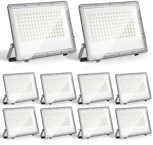 Yakimz LED Strahler 100W Außen, 10 Stücke 9900LM Superhell LED Fluter, Außenbeleuchtung, IP65 Wasserdicht, 6000K Kaltweiß LED Scheinwerfer für Terrasse Sportplatz (kein Stecker)