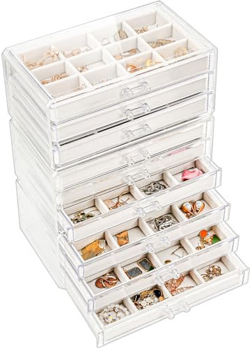 Lolalet Earring Holder Organiser Box Jewelry Storage with 9 Drawers, Clear Acrylic Stackable Earring Case with Adjustable Velvet Trays for Women on Dresser Vanity -Warmwhite, 9 Layers