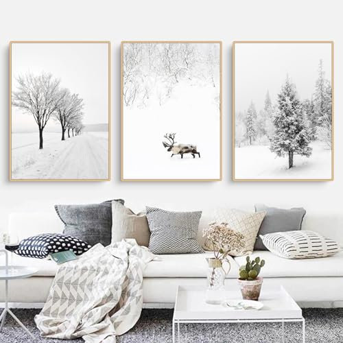 Uixxducc Winter Poster Wohnzimmer Bilder 3er Set Tanne Elch Winterlandschaft Wandbilder Kunstdrucke Leinwand Bilder Ohne Rahmen Einfachheit Wandposter (30 x 40 cm)