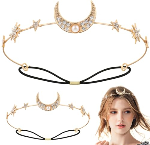 Beaupretty 2stücke Bohemian Haarketten Mit Mond Und Sternen Elastisches Kopfband Mit Perlen Und Strass Für Frauen Und Mädchen Für Hochzeiten Und Partys