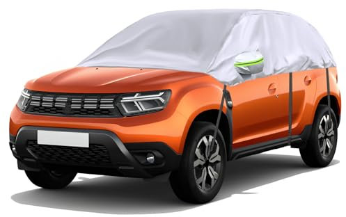 Opaltool Halbgarage für 2010-2023 Dacia Duster, Silberne Maßgeschneidertes Autogarage Softtop Halbabdeckung mit Verstellbaren Haken und Ohrkappen