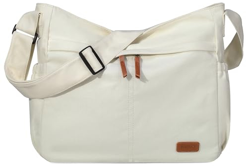 RAVUO Canvas Shoulder Bag, Große Messenger Bag für Herren und Damen Vintage Crossbody Tasche für Einkaufen Schule,Weiß