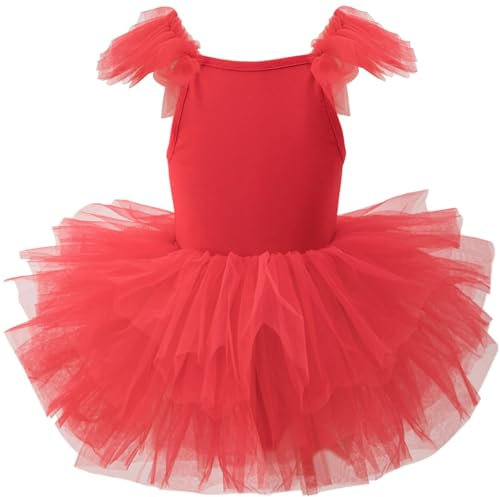 AIEOE Tanzkleider für Mädchen Klassisches Ballettkleid Balletttutu Trikot Schrittgurt Mit Knopf Ärmellos für Mädchen 2-4 Jahre Rot B