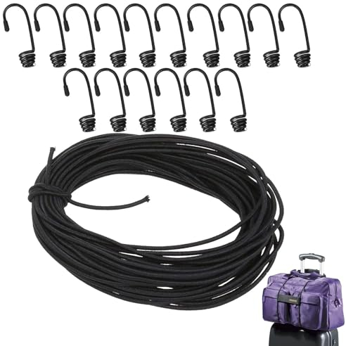 Cordon en Caoutchouc, 6 mm x 15 m Cordon rétractable avec 16 Crochets Cordon élastique, Corde de Cerclage, pour Camping, Câche de Remorque, Transport de Marchandises