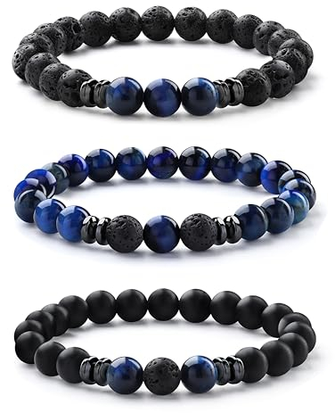 Milacolato 3-5PCS Herren Armbänder - 8MM Tigerauge, Schwarze Perlen, Elastischer Lavastein - Vatertag Schmuck Geschenke für Männer