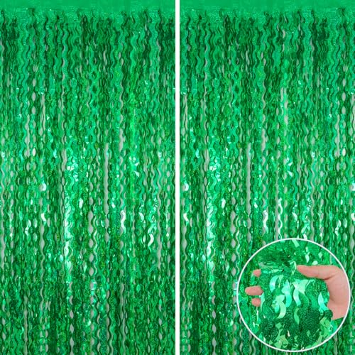 KERNOWO Lametta Vorhang Gewellter Grün Glitzer,2 Stück Party Vorhänge Luftschlangen Fransen Geburtstag Hintergrund Dekoration für St Patrick's Day Irland Mallorca Hawaii Aloha Fussball Geburtstag Deko