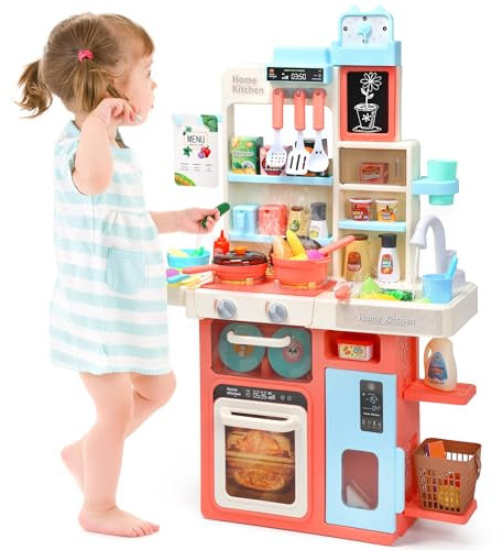 CUTE STONE Küchenspielset für Kinder, Spielküche mit Geräuschen und Lichtern, Kochherd, Dampf, Spielspüle und Spiellebensmittel, Kleiner Esstisch Großes Küchenset, Kitchen & Food Toys for Kids,Rosa