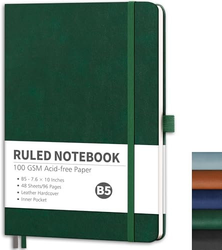 RETTACY Notizbuch Liniert B5, Leichtes Journal Tagebuch mit 96 nummerierten Seiten,100gsm Notizbücher, Innentasche, Hardcover Buch für Büro Schule Arbeit Frauen Männer, 19.3x 25.4cm - Dunkelgrün