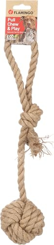 Flamingo Hundespielzeug Hanf Kush Zugseil mit Ball braun - 38x9x8cm - Mit Griff - Beugt Zahnbelag vor - Massiert das Zahnfleisch - 100% natürlich