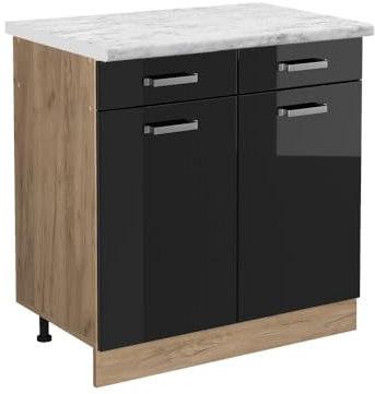 Vicco Meuble Cuisine R-Line, Noir Haute Brillance, 80 cm PT Marbre