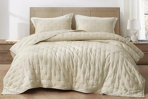 Chezmoi Collection Glen - Set di 3 pezzi con trapunta trapuntata a mezzaluna, per letto king size, color sabbia, rayon derivato da bambù e poliestere misto, morbido e traspirante, per chi dorme al