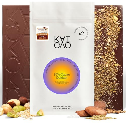 Kaicao Chocolat Noir 75% avec Dukkah - Sucré aux Dattes – Chocolat sans Sucre Raffiné - Sans Lactose, Sans Gluten, Vegan – Cacao d'Origine Kokoa Kamili, Tanzanie - 2 x 70 g