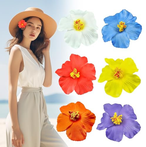 JAMSSOW 6 pinces à cheveux en forme de fleur hawaïenne pour femme, pince à cheveux Plumeria Hibiscus, pinces à cheveux antidérapantes, pinces à fleurs artificielles pour vacances, fête sur la plage