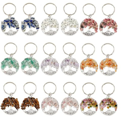 SUPERFINDINGS 36 Pezzi di Portachiavi 9 Stile Albero della Vita con Pietre Chakra in Lega con Anelli Portachiavi. Pendenti di Gemme Naturali Miste per Feste, Accessori di Gioielleria e Regali.