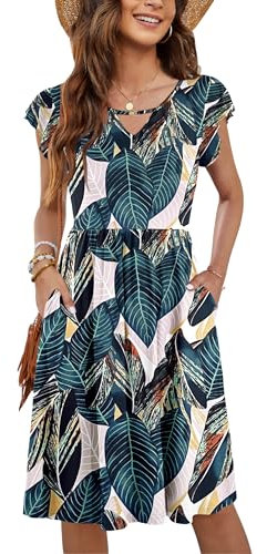 PLOKNRD Women's Summer Dress V-Neck Ruffle Sleeve Ladies Dress Elastic Waist Loose Swing Casual Dress with Pockets Knee Length (Leaf Print,M)
