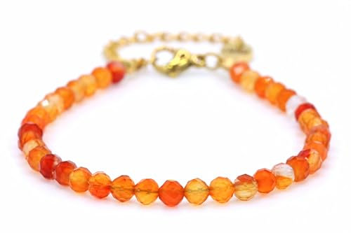 Echtes Karneol Edelstein Armband mit facettierten 4mm Perlen - Länge verstellbar - Heilstein Schutzstein Edelsteinarmband Glücksbringer Talisman Geschenk (Karneol, 16-21CM G)