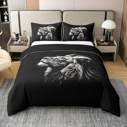 Loussiesd Löwe 100% Baumwolle Bettwäsche Set 155x220cm Realistisch Betten Set Jäger Wildlife Stil Dekor Bettbezug Set 3D Wild Tier Muster Weich Bettwäsche-Set Atmungsaktiv Safari Druck