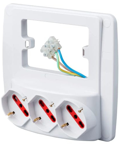 Multipresa da parete con 3 prese schuko/bipasso 10A 16A, bianco, ultrapiatta e universale, si adatta a qualsiasi serie di placche installate, composta da 3 prese schuko, ciabatta a muro da 3 posti