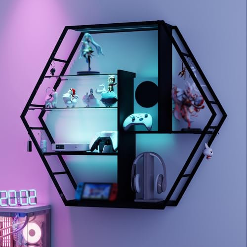 YU YUSING Étagère Vitrine Murale Flottante en Métal avec LED 7 Couleurs, Bibliothèque Suspendue 2 Supports en Verre Trempé, 8 Crochets, Meuble Collection, Cuisine, Salon, Bar Industriel Hexagone Noir