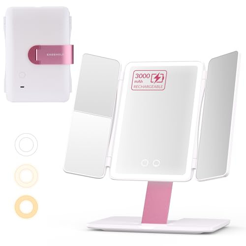 EASEHOLD Schminkspiegel mit Beleuchtung, 60 LEDs, 1X/2X/3X, faltbar, USB-C | 3000mAh Akku, 3 Lichtfarben,Touch-Dimmung,360° drehbar, höhenverstellbar, ideal für Tisch,Bad, Reise und unterwegs für Frauen