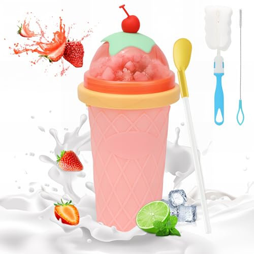 Bugucat Slush Cup, Slushy Maker Slushie Cup 350 ml, Silicone Squeeze Cup with 2-in-1 Straw and Spoon, Portable Slushi Cup Slush Ice Machine, Slushi Ice Maker, Pink