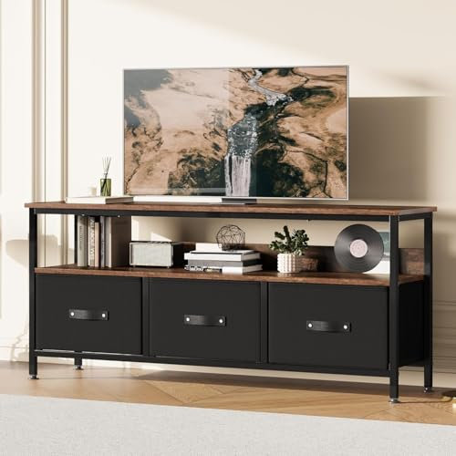 GarveeMore - Mueble de TV con 3 cajones, Banco para TV de hasta 55 , Armario de TV de Madera con cajones y estantes para salón, Dormitorio, decoración, 120 x 57 x 30 cm, Color marrón Vintage