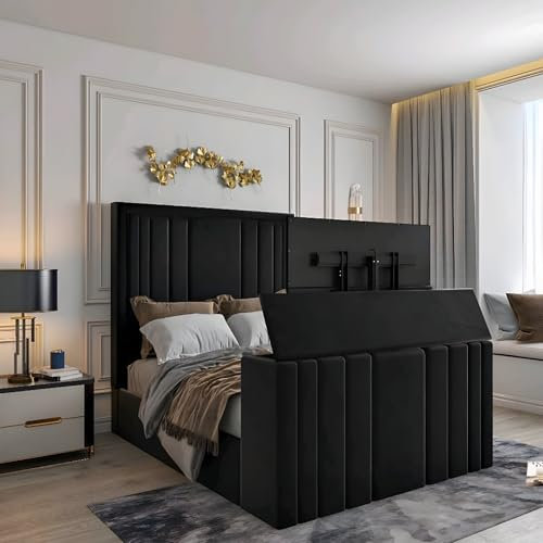 [4 Uk Sizes] Upholstered Remote Controlled TV Bed Plush Velvet with Lift Mechanism Luxury Panel Style and Functionality in 6 Colours, Accommodates TVs Up to 50(Plush Black, Double)