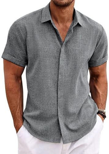 Volemo Mens Shirts Short Sleeve Linen Shirt Summer Holiday Casual Tops Regular Fit Grey XL