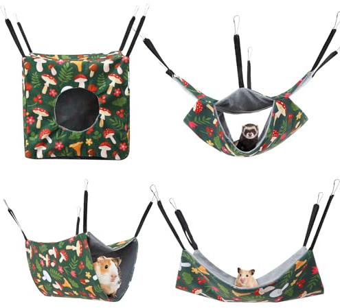 GSrenyu 4Pcs Hamster Hammock House Guinea Pig Bed Hideout Hanging Nest | Washable Soft Ferret Hanging Nest for Chinchilla Sugar Glider Squirrel,Swing & Tunnel with Leaf & Mushroom Pattern