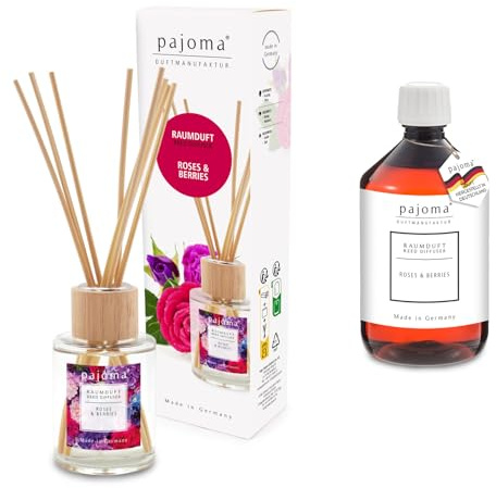 pajoma® Raumduft Roses & Berries 100 ml + Nachfüller 500 ml | Komplett-Set mit Rattanstäbchen | Langanhaltender Diffuser, Premium Qualität