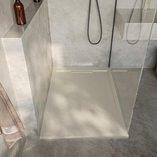 SOULBATH Receveur de Douche Ultra-Plat Antidérapant – Résine Gel Coat - Texture Lisse/Pierre – CRÈME INTENSE - 170x80 - Grille intégré même couleur - Bonde de vidange incluse.