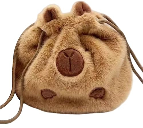 Trousse de Maquillage à Cordon de Serrage, Jolie Trousse Capybara Moelleuse avec Cordon Serrage, Petite Pochette cosmétique en Forme d'animal en Peluche, Cadeaux pour Femmes (Marron)