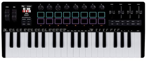 Sunydog 37-Tasten-Drum-Pad-Synthesizer-Engine mit Hintergrundbeleuchtung, MIDI-Keyboard-Controller für PC-DAW-Musikproduktion, Tragbares Schwarzes ABS-Design