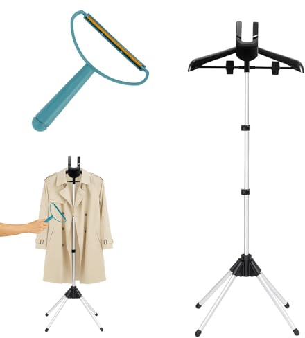 SUNNYNEST 2PC Black Folding Garment Steamer Stand Adjustable Aluminum Rack | Black telescopic garment steamer stand with rotating hanger, stable folding rack for steaming shirts, tops at home.