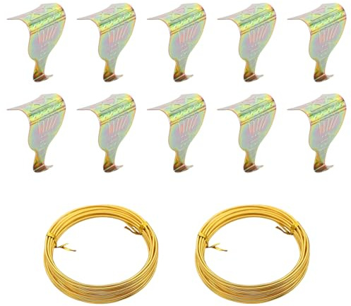 Xelmorant 10 Pcs Picture Rail Hooks and Wire, Picture Rail Hooks with 2 Rolls Brass Wires, Clothes Practical Gallery Heavy Duty Moulding Display Picture Rail Hangers