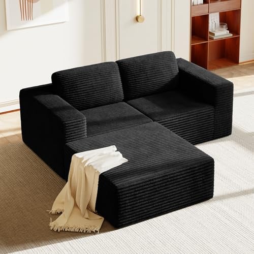 Vesgantti Modulares Cord-Ecksofa in Schwarz, 202 cm L-Form mit beweglicher Ottomane, Federkern und extra tiefer Sitzfläche, Flexibles Design für kleine Räume, Rutschfester Boden, kein Aufbau nötig