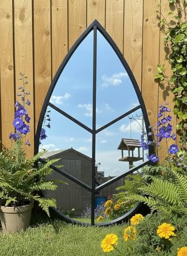 Biznest Decorative Leaf Surface Shape Garden Mirror Plastic Framed Indoor/Outdoor Wall Hanging Patio Style Geometric Pattern 76 X 42.5 X 1.8 Cm (BLACK)