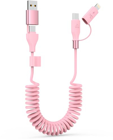 Câble USB spiralé 4 en 1 pour voiture, charge rapide 60W (3A), compatible CarPlay et Android Auto, USB-C/USB-A vers Lightning / USB-C, pour iPhone 17/16, Android et ordinateurs portables, 1.2m/ Rose