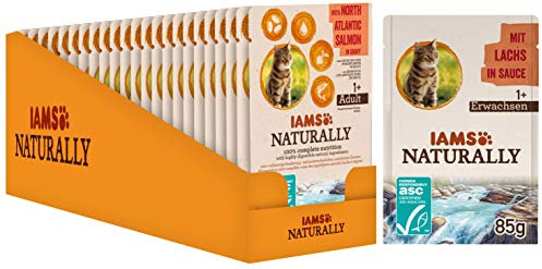 Iams Naturally Katze Lachs (Nassfutter für Erwachsene Katzen mit Lachs in Sauce), 24 x 85 g Frischebeutel, 1er Pack (1 x 2.04 kg)
