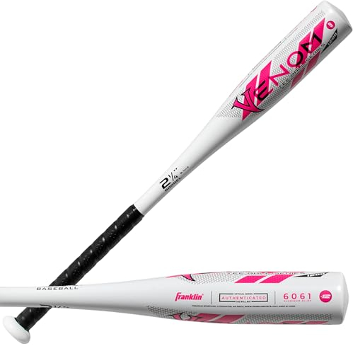 Franklin Sports Venom Youth Baseballschläger für Kinder, Aluminium, US-Zertifiziert, für Jungen und Mädchen, Junior-Metallschläger, 61 cm / 340 g, Weiß