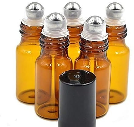 VASANA 24PCS 5ml Empty Refillable Portable Amber Glass Roll On Bottle Jars with Black Cap and Stainless Steel Roller Balls Travel Packing Storage Containers for Essential Oil Perfume Aromatherapy